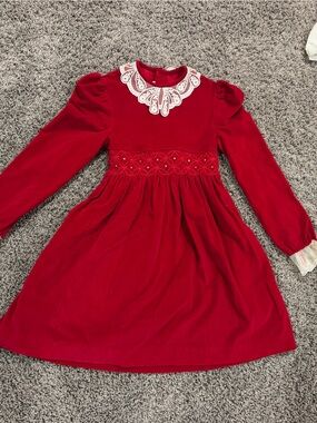 Vintage Polly Flinders Girls Red Velvet Dress with Lace Collar and embroidey
